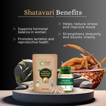 Pure Nutrition Shatavari Powder (227g) + Shatavari Tablets (120 Tablets) | Herbal Wellness Combo