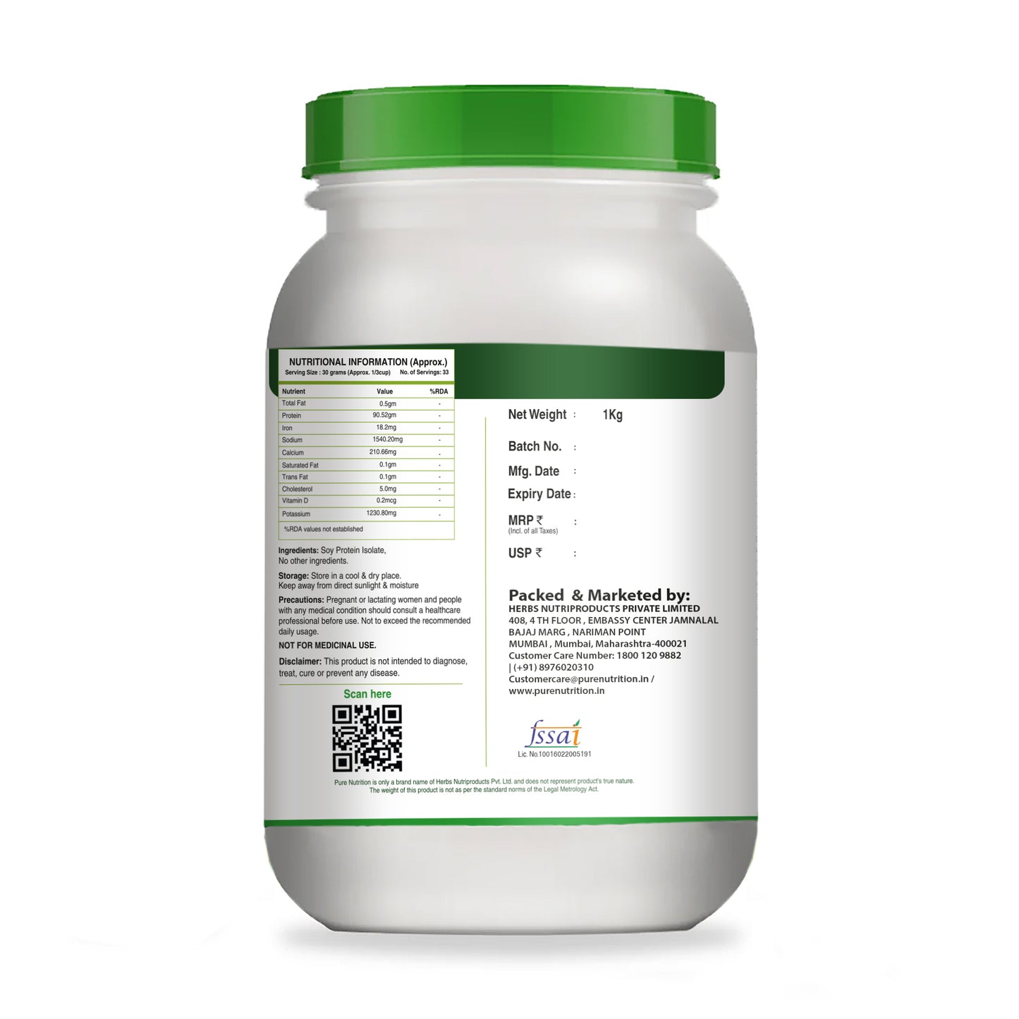 Pure Nutrition Soy Protein Powder, 100% Pure - 1kg | Isolate 90%, Unflavoured - For Muscle Growth, Recovery, and Overall Health.