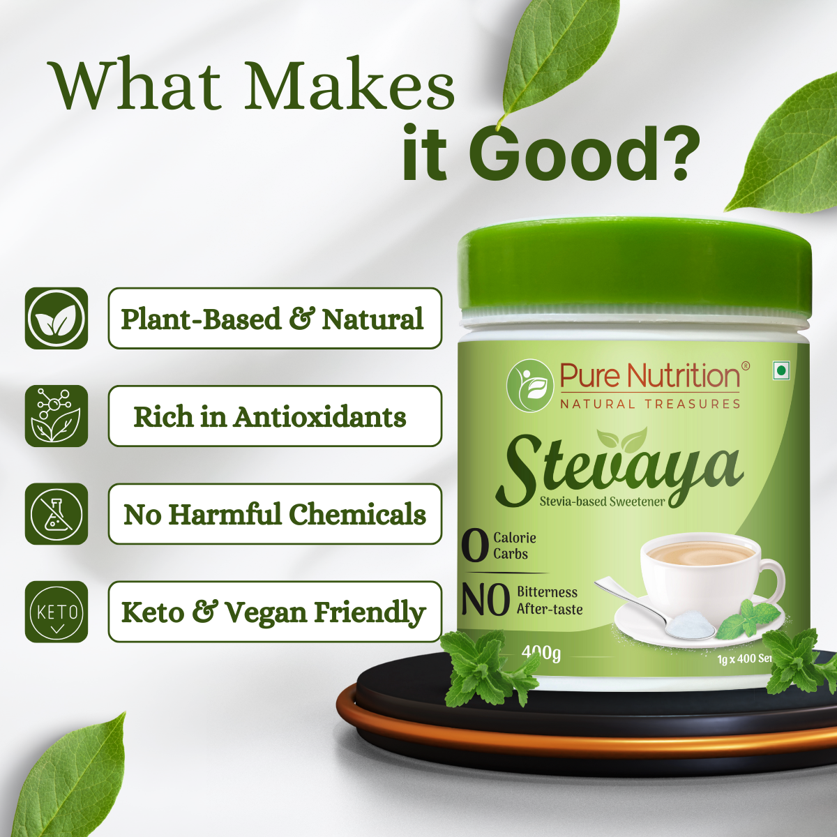 Stevaya  Stevia Based Natural Sweetener - 400 Grams | Zero Calorie Sugar Substitute | Ideal for Beverages and Baking