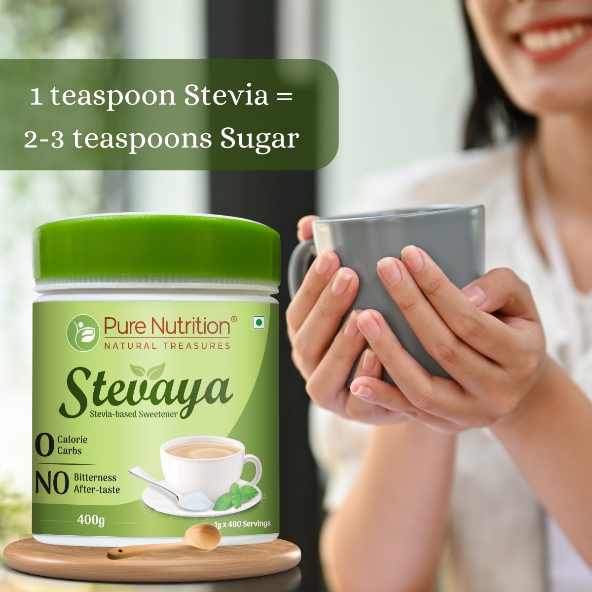 Stevaya  Stevia Based Natural Sweetener - 400 Grams | Zero Calorie Sugar Substitute | Ideal for Beverages and Baking