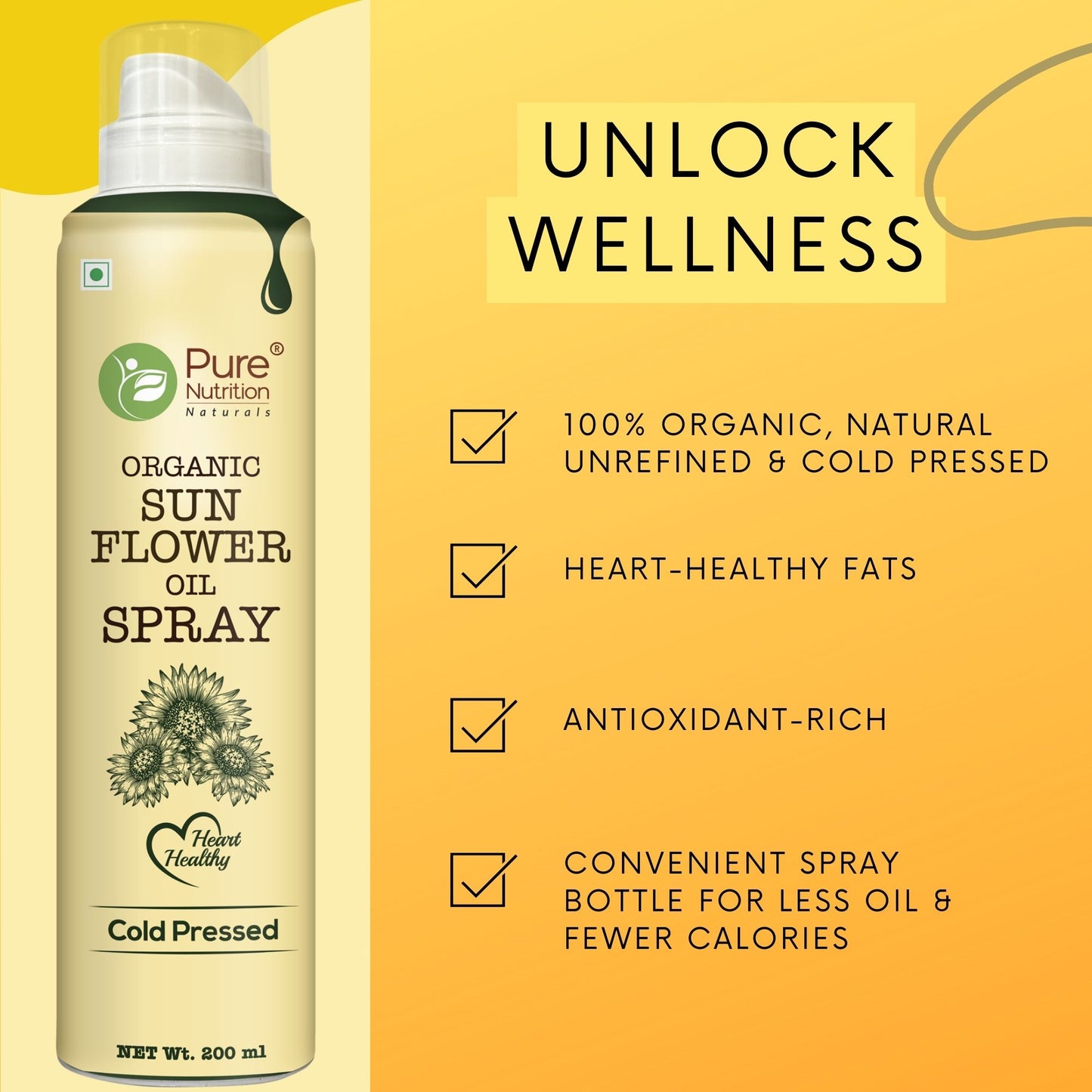 Sunflower Oil Cooking Spray 200ml | 100% Pure, Healthy Cooking, Low-Calorie Meals, Ideal for Frying