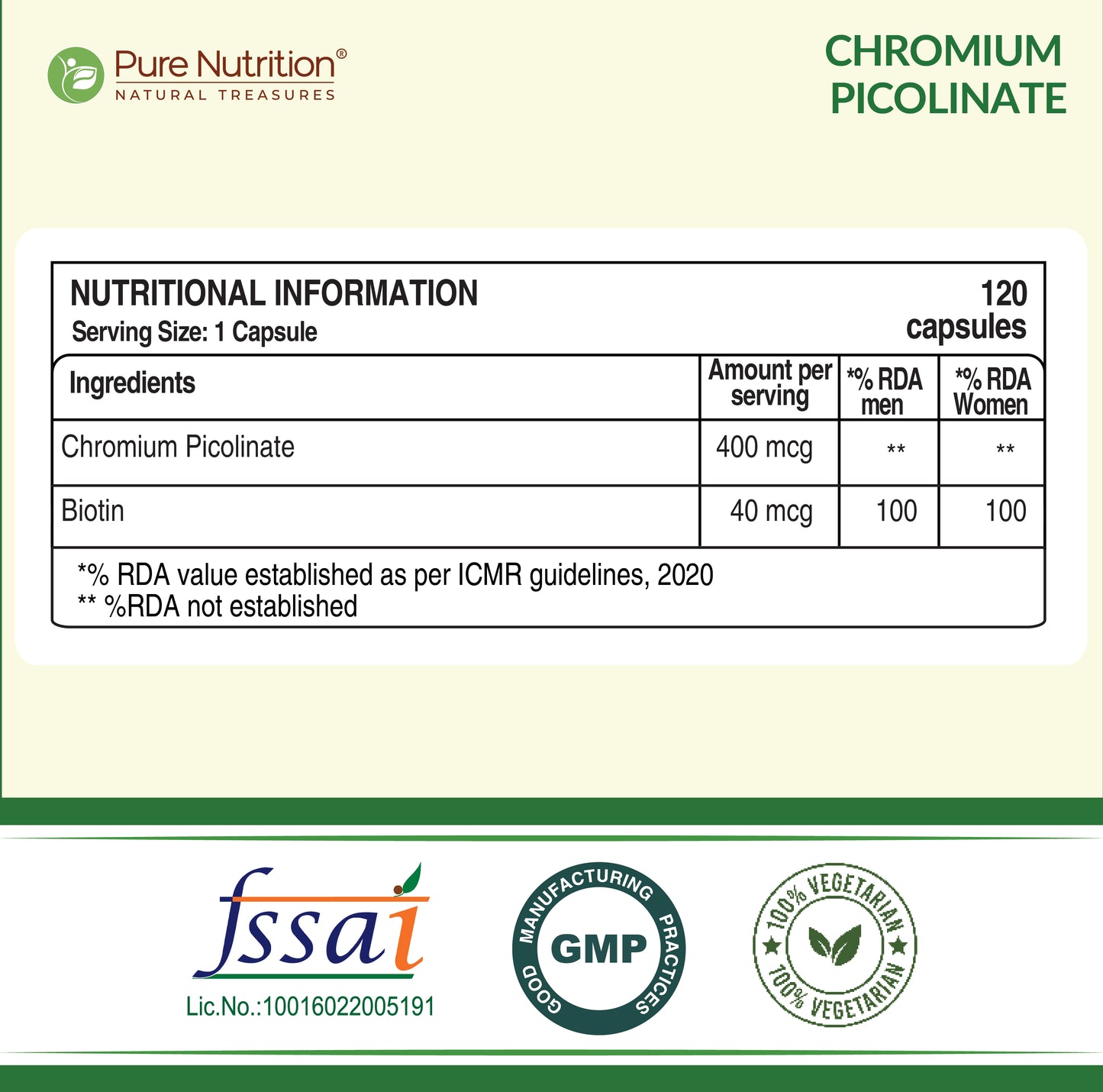 Pure Nutrition Chromium Picolinate – 120 Veg Capsules