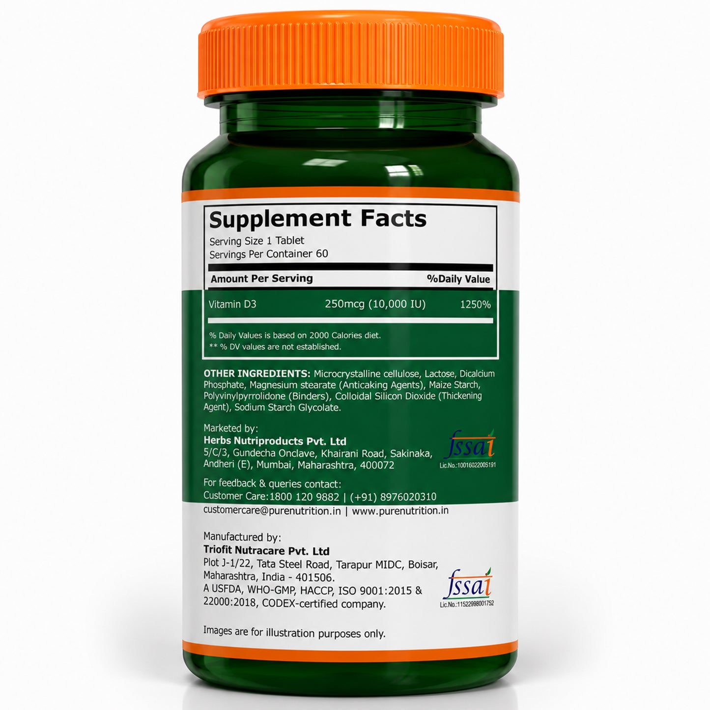 Vitamin D3 10,000 IU | 250 mcg Vitamin D3 | 60 Vegetarian Tablets