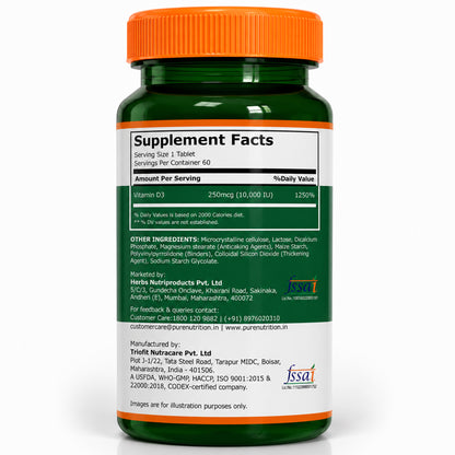 Vitamin D3 10,000 IU | 250 mcg Vitamin D3 | 60 Vegetarian Tablets
