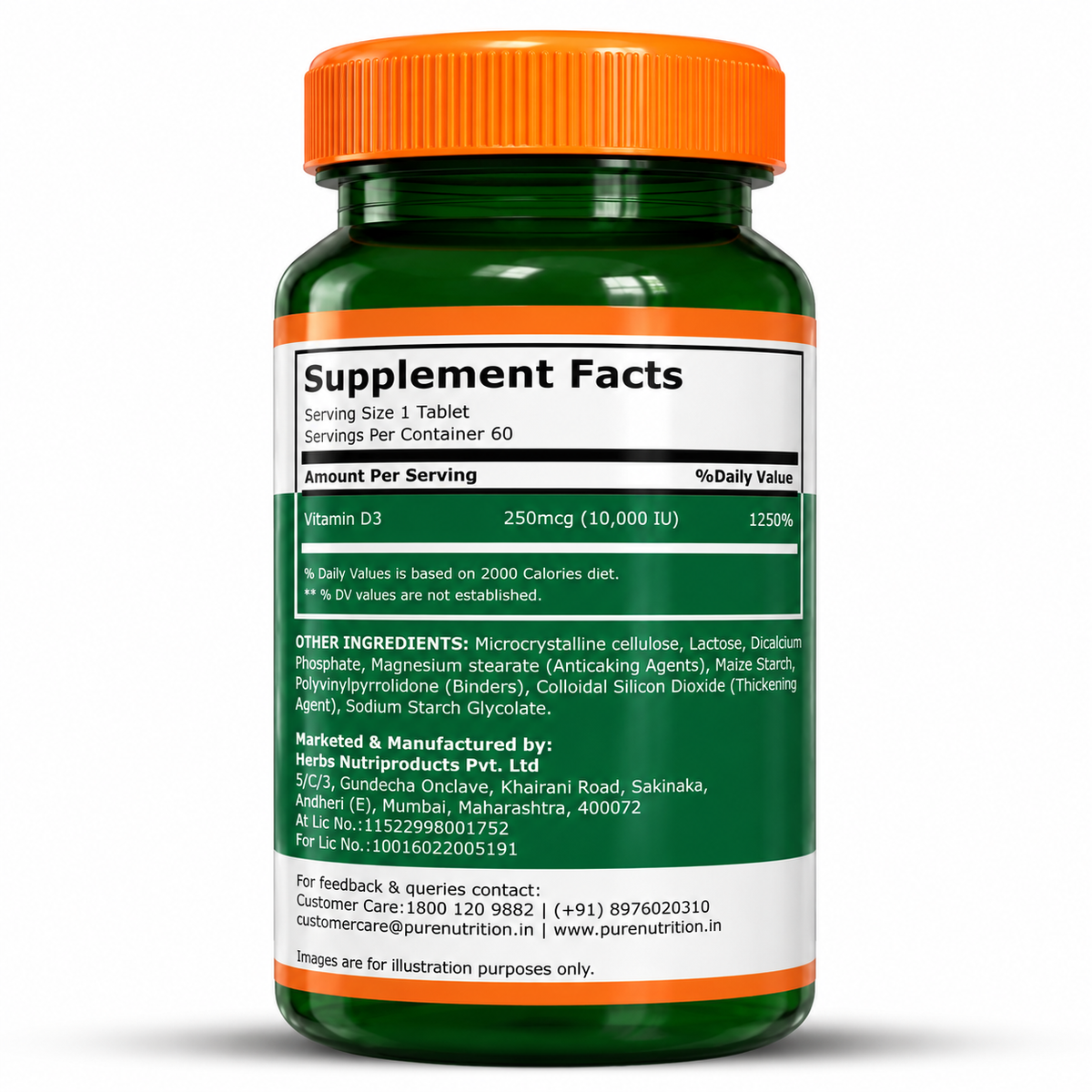 Vitamin D3 10,000 IU | 250 mcg Vitamin D3 | 60 Vegetarian Tablets