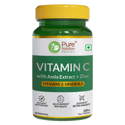 Vitamin C with Amla Extract + Zinc Supplement | Boost Immunity | Support In Skin & bone Health - 60 Veg Tablets