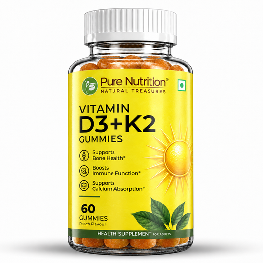 Vitamin D3 + K2 Gummies | 600 IU Vitamin D3 + 45 mcg Vitamin K2 | Peach Flavour | 60 Gummies
