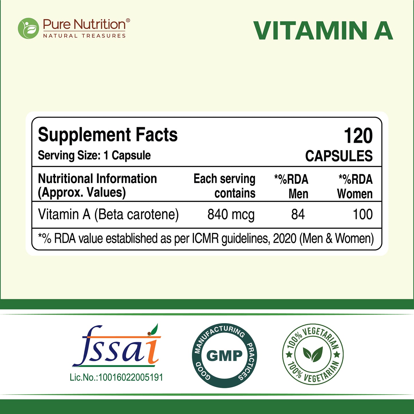 Pure Nutrition Plant Based Vitamin A - 60 Veg Capsules | Supports Eye Health, Immunity, and Antioxidant Defense