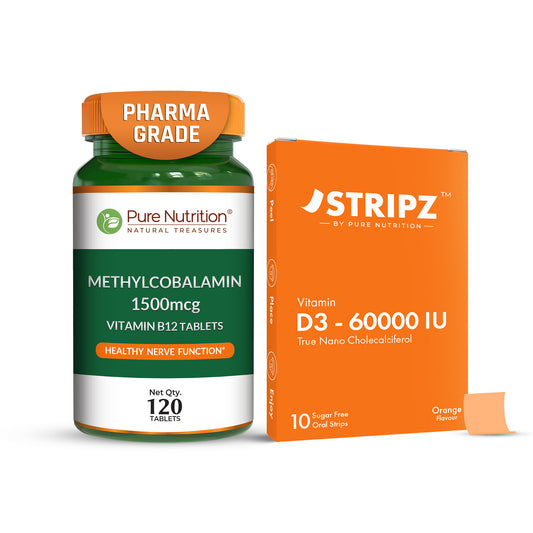 Pure Nutrition Methylcobalamin supplement and box of Stripz Vitamin D3 supplement 