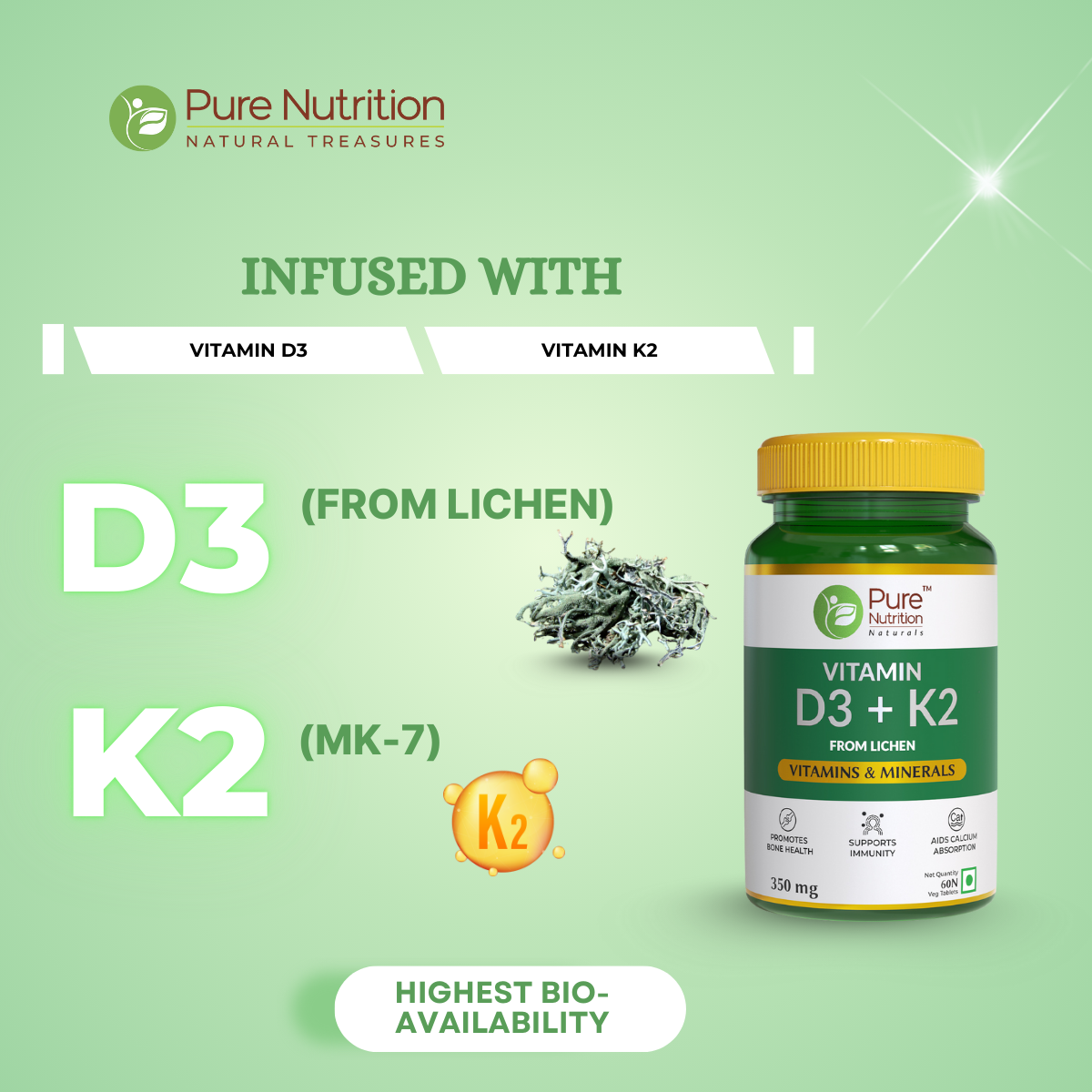 Vitamin D3 + K2 from Lichen - 60 Tablets