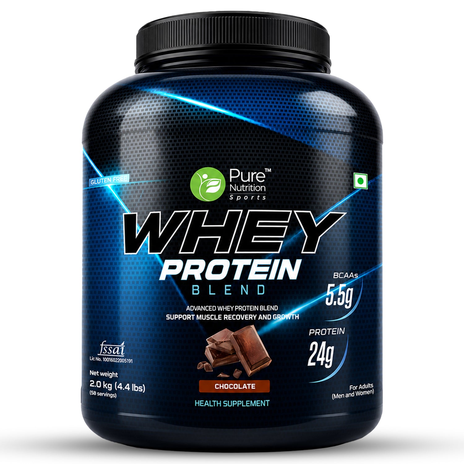Whey Protein Blend - 2kg | 5.5g BCAA, Chocolate Flavour | Supports Muscle Growth and Recovery