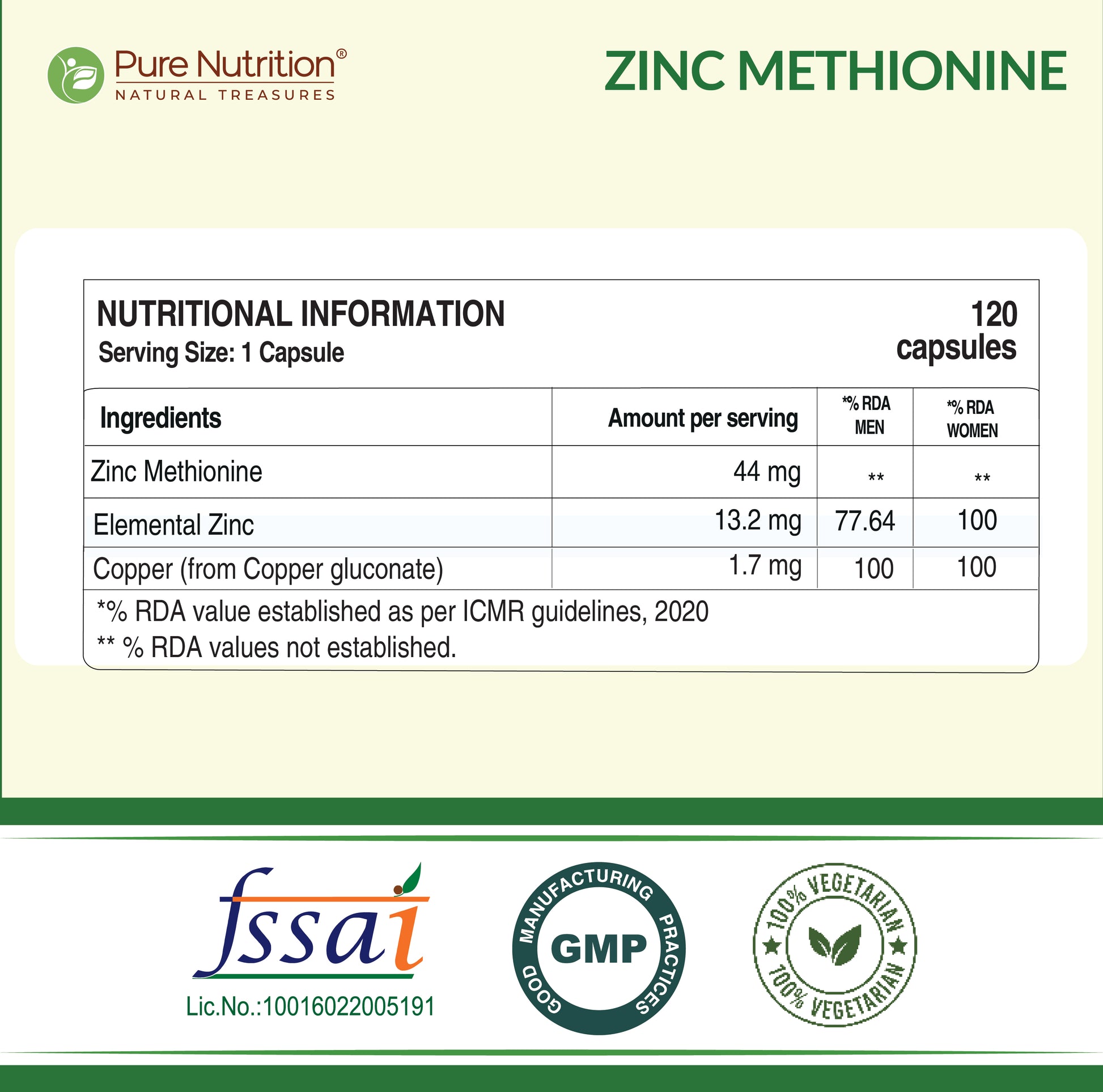 Pure Nutrition Zinc Methionine Veg Capsules – 120 Caps