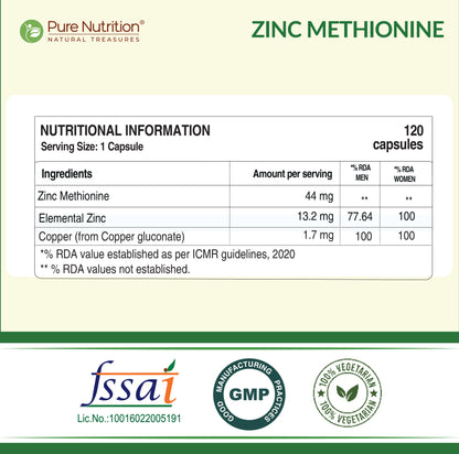Pure Nutrition Zinc Methionine Veg Capsules – 120 Caps