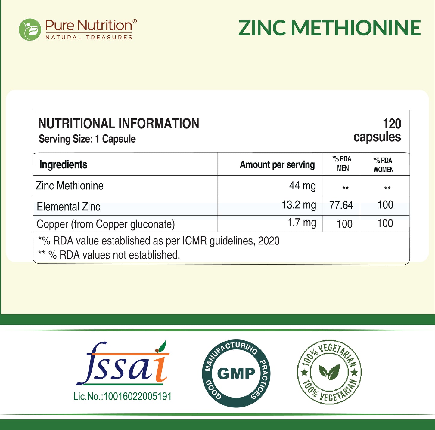 Pure Nutrition Zinc Methionine Veg Capsules – 120 Caps
