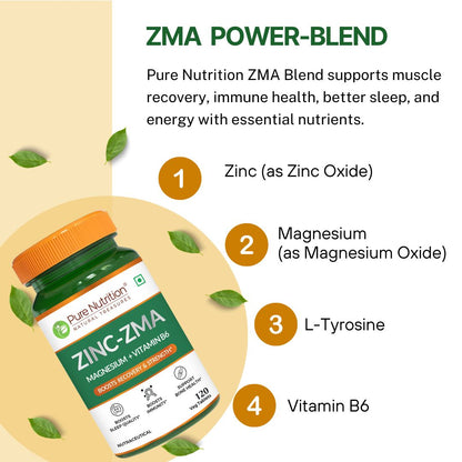 Zinc ZMA - 120 Veg Tablets | 800mg with Zinc, Magnesium Aspartate & Vitamin B6 | Enhances Muscle Recovery, Strengthens Bones, Boosts Sleep Quality & Supports Immune Health | Ideal for Active Lifestyles