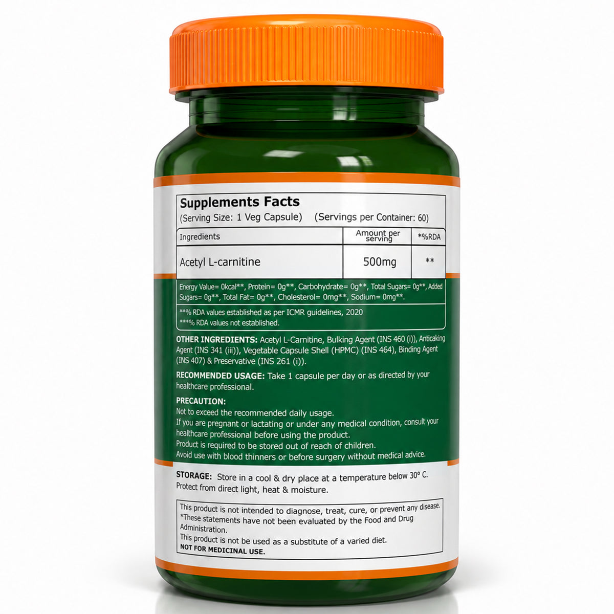Pure Nutrition Acetyl L-Carnitine 500mg bottle back label and usage information