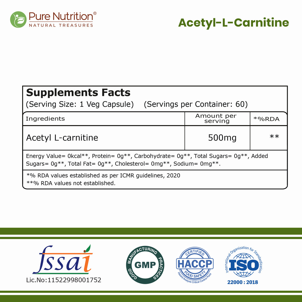 Pure Nutrition Acetyl L-Carnitine 500mg supplement facts and certifications