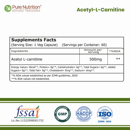 Pure Nutrition Acetyl L-Carnitine 500mg supplement facts and certifications
