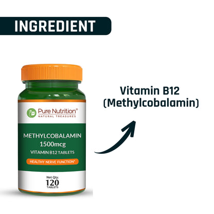 Image highlighting that the active ingredient in this Pure Nutrition supplement is Vitamin B12 Methylcobalamin.