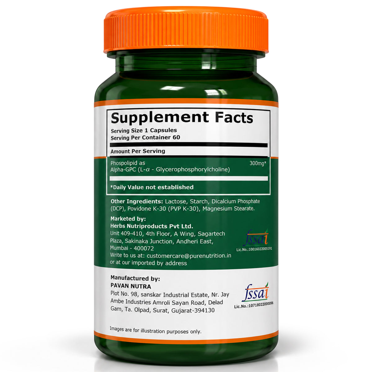 Pure Nutrition Alpha GPC 300mg supplement back label