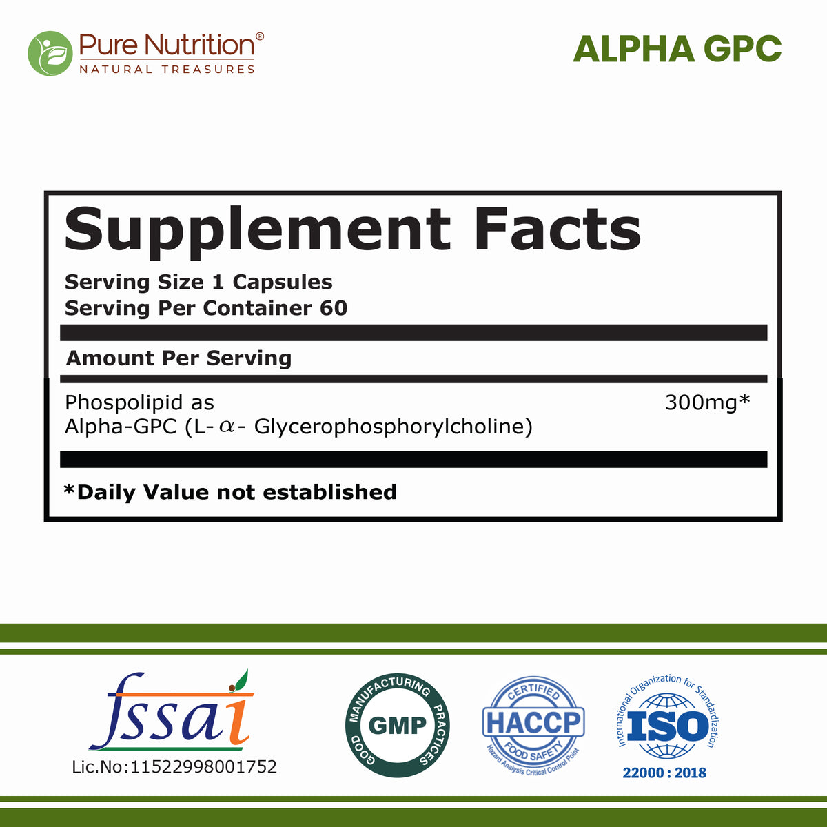 Alpha GPC 300mg supplement facts and nutrition label