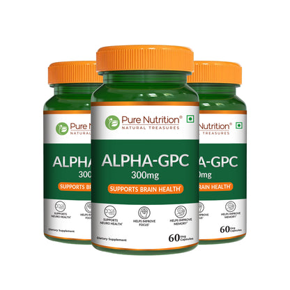 Three bottles of Pure Nutrition Alpha GPC 300mg supplement
