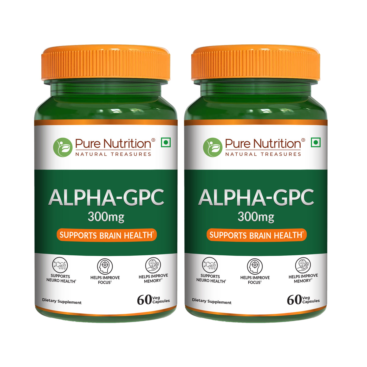 Two bottles of Pure Nutrition Alpha GPC 300mg supplement