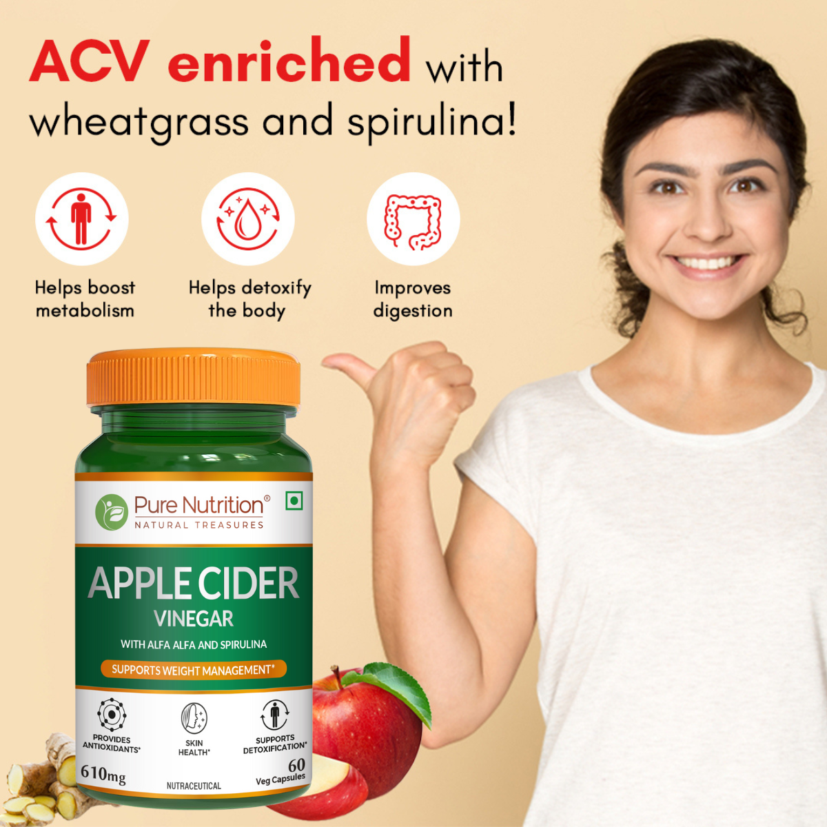 Pure Nutrition Apple Cider Vinegar capsules enriched with wheatgrass and spirulina to support metabolism, detoxification and healthy digestion.