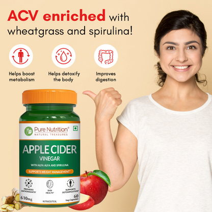 Pure Nutrition Apple Cider Vinegar capsules enriched with wheatgrass and spirulina to support metabolism, detoxification and healthy digestion.