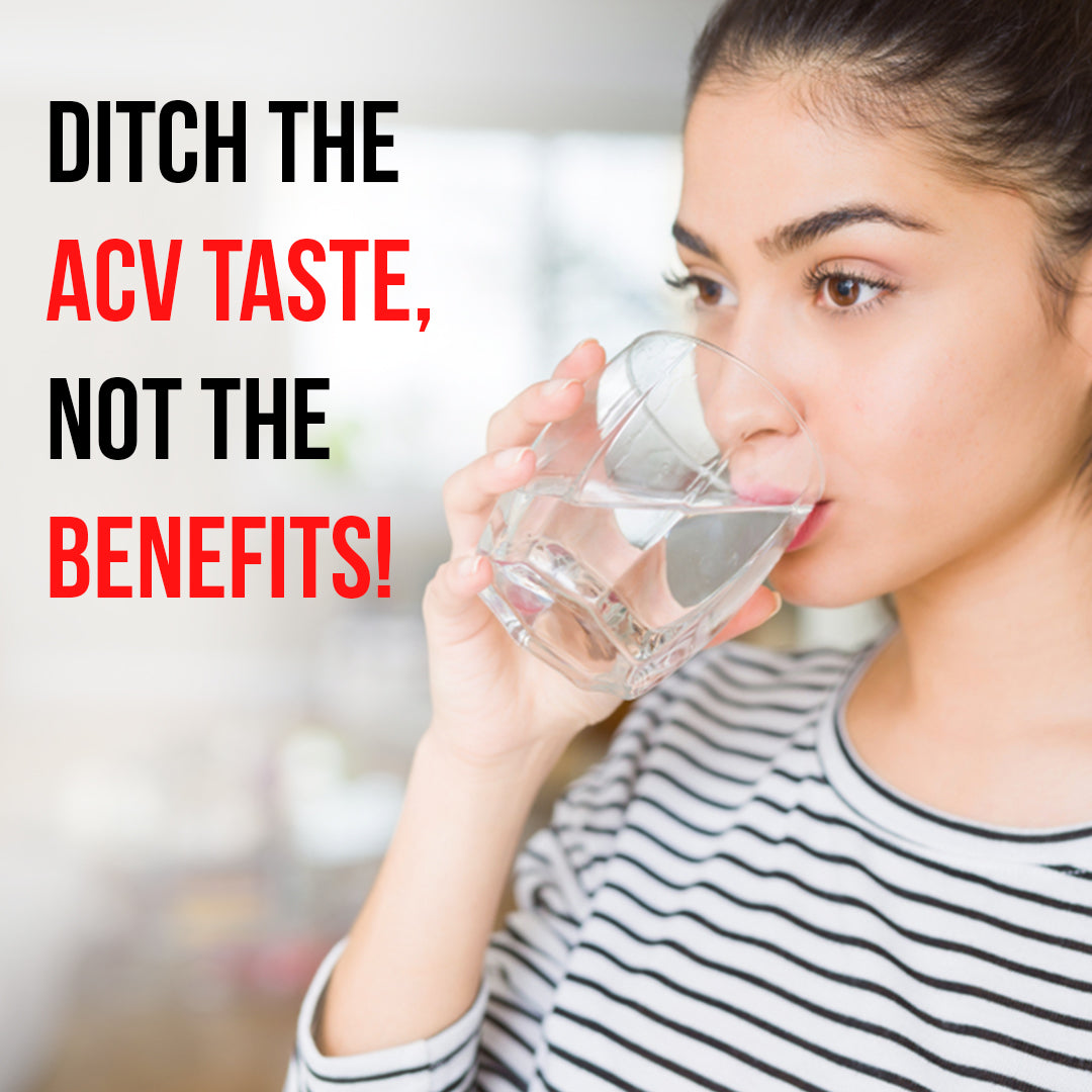 Woman drinking water highlighting the benefits of Apple Cider Vinegar capsules without the strong vinegar taste.