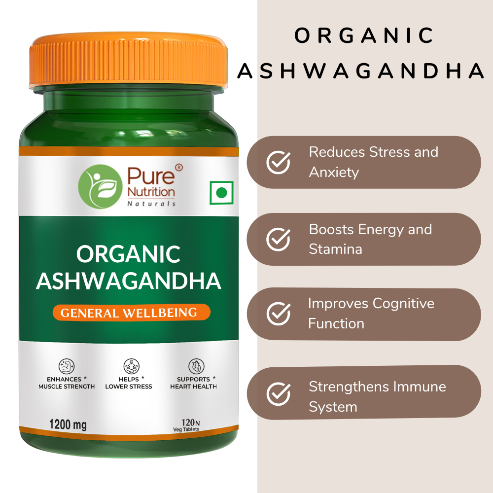 Pure Nutrition Organic Ashwagandha | Supports Stress Management, Sleep, Fertility, Immunity, Vitality & Strength - 120 Tablets