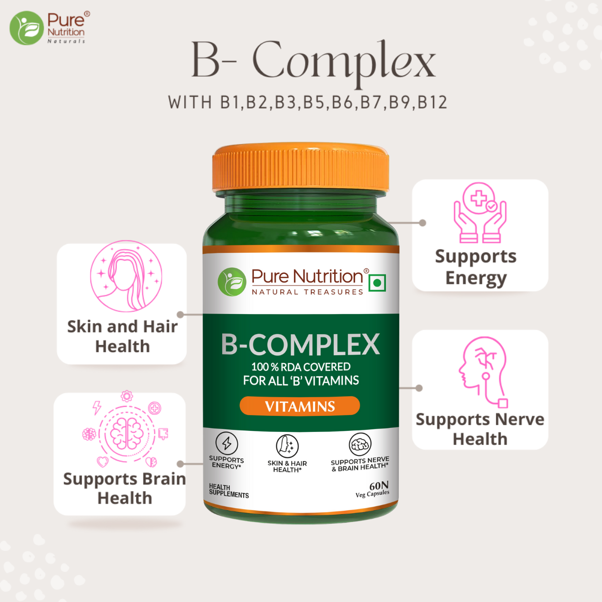 B Complex with Essential Vitamins B1, B2, B3, B5, B6, B7, B9, B12 - 60 Tablets  | Supports Energy, Metabolism, and Overall Wellness