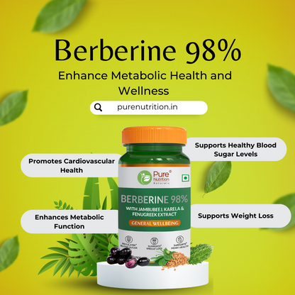 Pure Nutrition Berberine 98% - Supports Blood Sugar, Weight Loss & Heart Health-60 veg Tabs