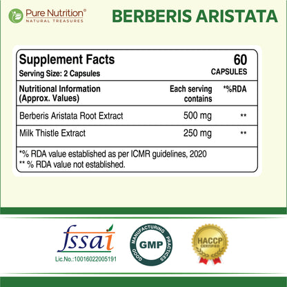 Berberis Aristata (60 Veg Capsules) with Berberine 95% + Milk Thistle - Liver Support, Antioxidant Boost, and Weight Management Supplement