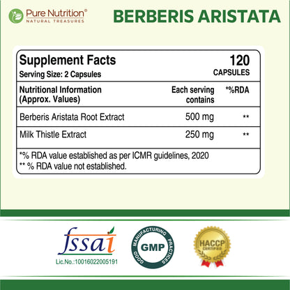 Berberis Aristata 120 Veg Capsules | Berberine 95% + Milk Thistle - Liver Support, Antioxidant Boost, and Weight Management Supplement