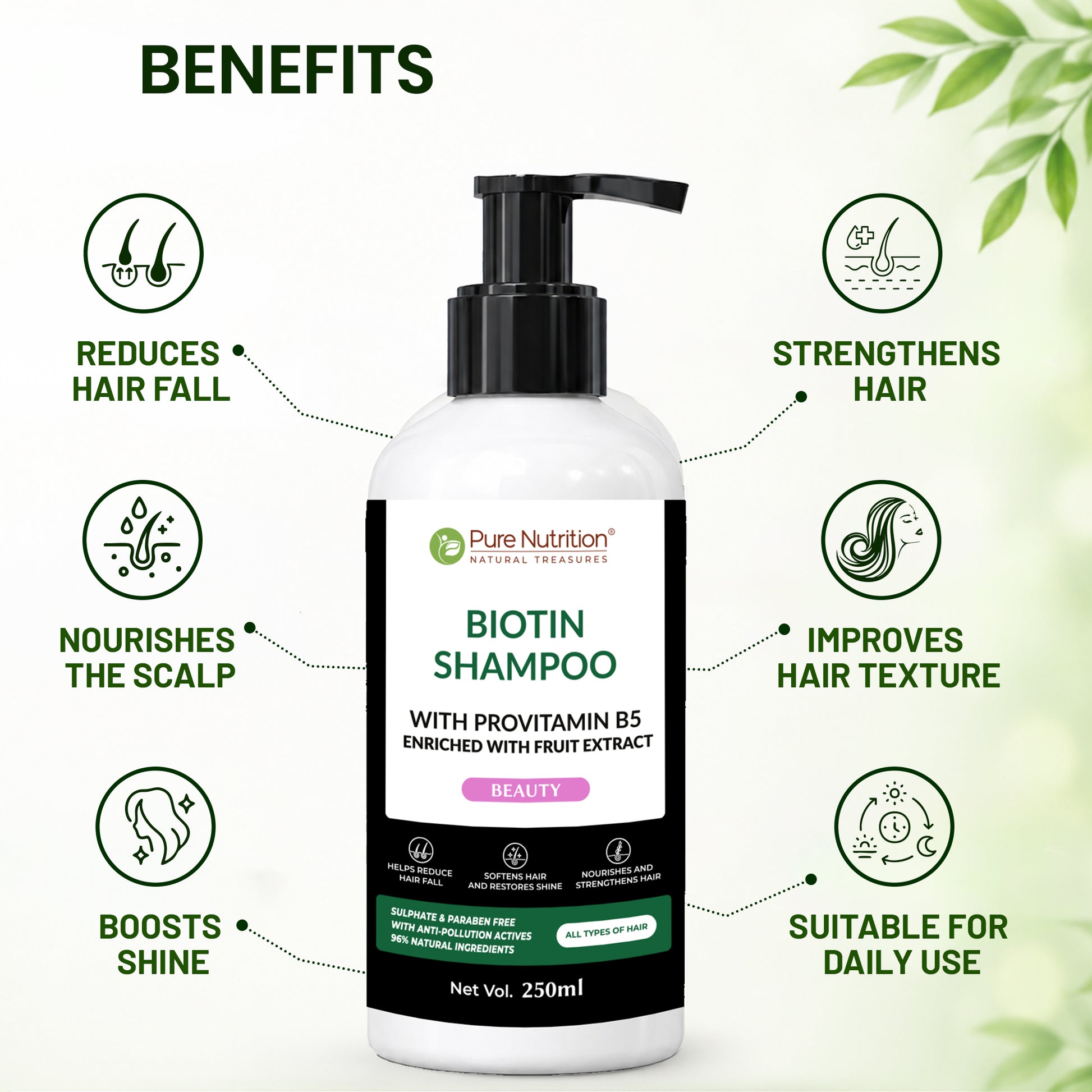 Biotin shampoo benefits including reduced hair fall, stronger hair, scalp nourishment, improved hair texture, and enhanced shine.