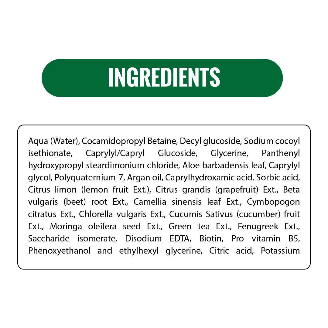 Ingredients list of biotin shampoo featuring biotin, provitamin B5, aloe vera, green tea, fenugreek, and botanical extracts.
