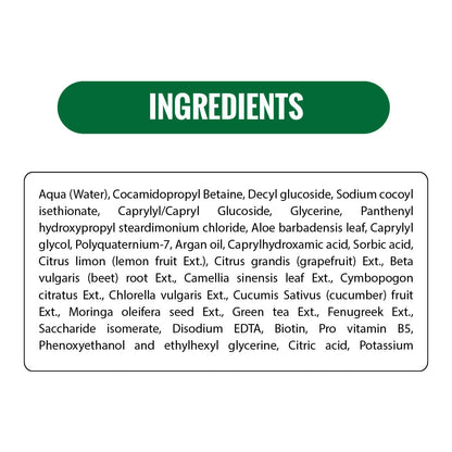 Ingredients list of biotin shampoo featuring biotin, provitamin B5, aloe vera, green tea, fenugreek, and botanical extracts.