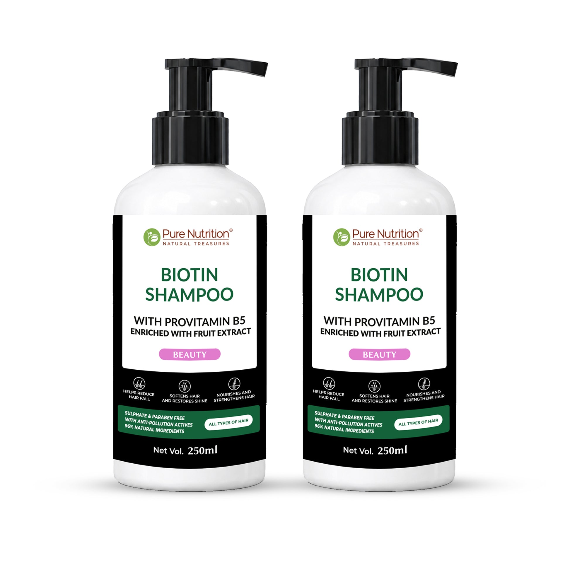 Pack of two biotin shampoo bottles with provitamin B5 and fruit extracts for daily hair care and scalp nourishment.