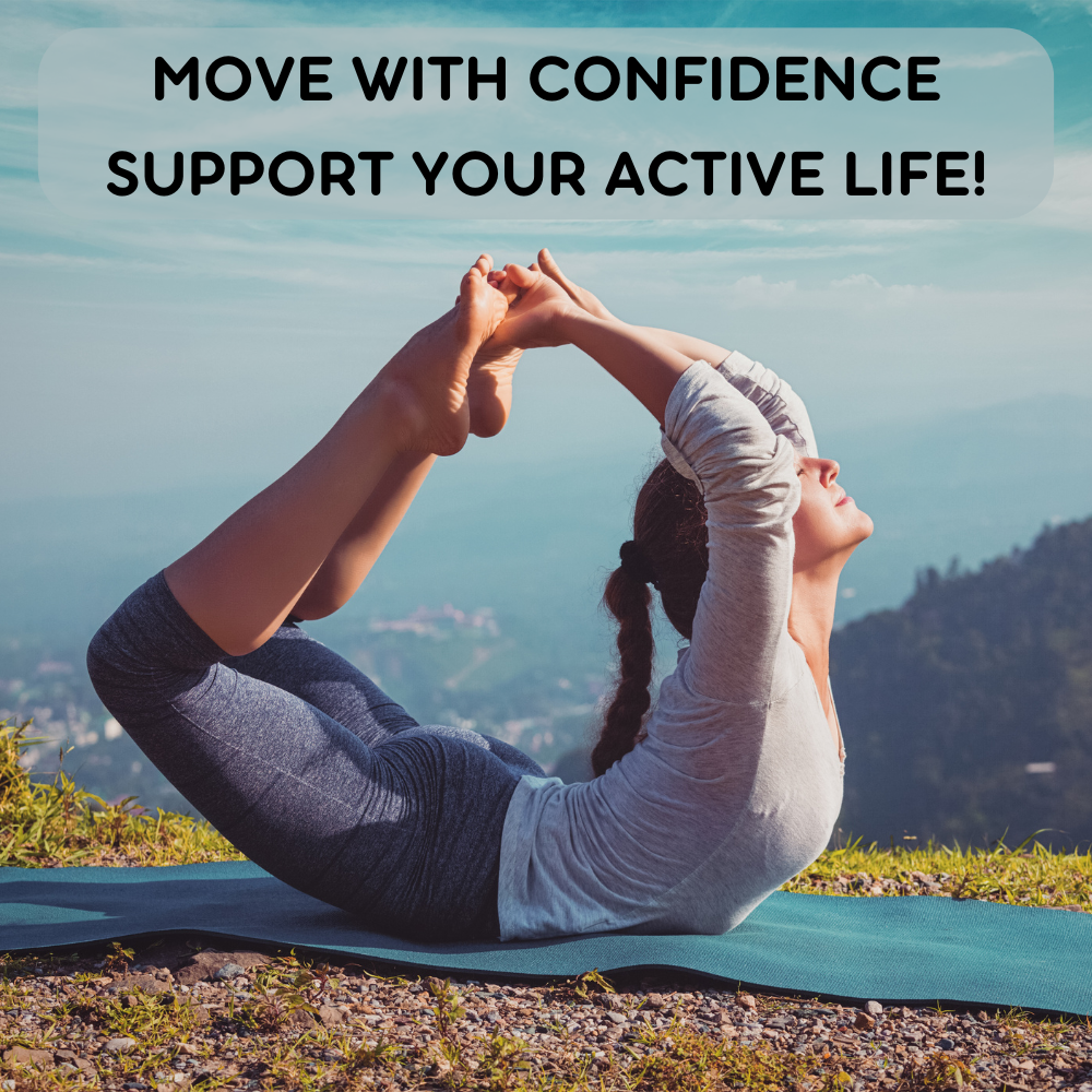Lifestyle image promoting flexibility, mobility, and active living with Pure Nutrition Calcium Magnesium Zinc for bone and joint health.

