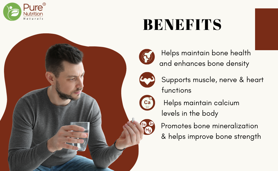 Infographic describing the benefits of Pure Nutrition Calcium Magnesium Zinc for maintaining bone density, muscle and nerve function, calcium balance, and bone mineralization.
