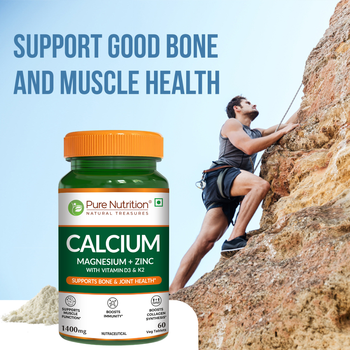Lifestyle image featuring Pure Nutrition Calcium Magnesium Zinc with messaging focused on supporting healthy bones, muscles, and an active lifestyle.
