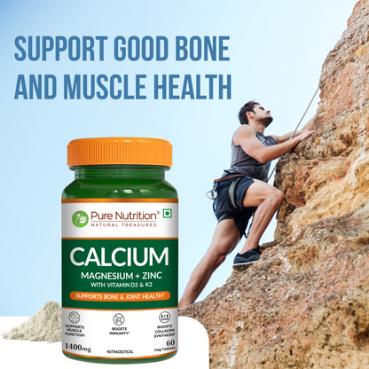 Lifestyle image featuring Pure Nutrition Calcium Magnesium Zinc with messaging focused on supporting healthy bones, muscles, and an active lifestyle.

