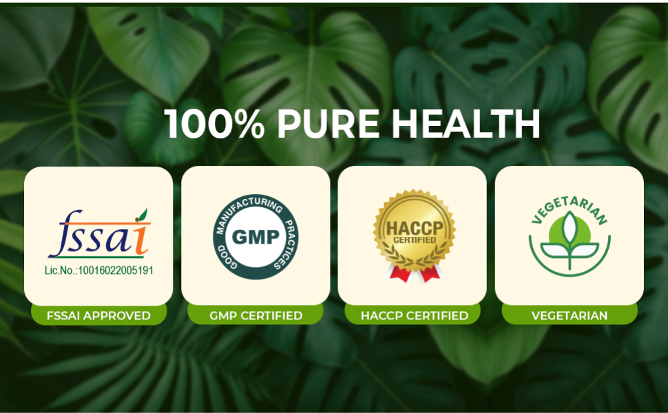 Quality certification panel featuring FSSAI approval, GMP certification, HACCP certification, and a vegetarian formulation for Pure Nutrition Calcium Magnesium Zinc.
