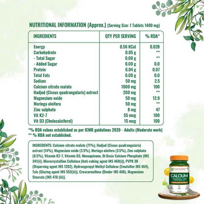 Supplement facts panel displaying the nutritional information, active ingredients, and composition of Pure Nutrition Calcium Magnesium Zinc with Vitamin D3 and K2.
