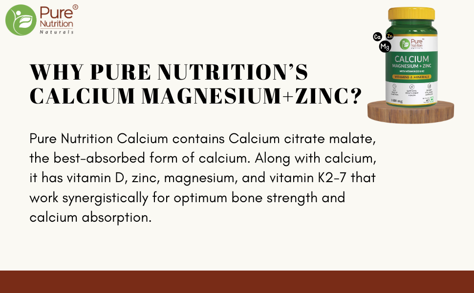 Calcium Magnesium Zinc Vitamin D3 & K2 TabletsInformation panel explaining how calcium citrate malate, magnesium, zinc, Vitamin D3, and Vitamin K2 work together to support bone strength and calcium absorption.
