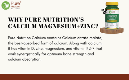 Calcium Magnesium Zinc Vitamin D3 & K2 TabletsInformation panel explaining how calcium citrate malate, magnesium, zinc, Vitamin D3, and Vitamin K2 work together to support bone strength and calcium absorption.
