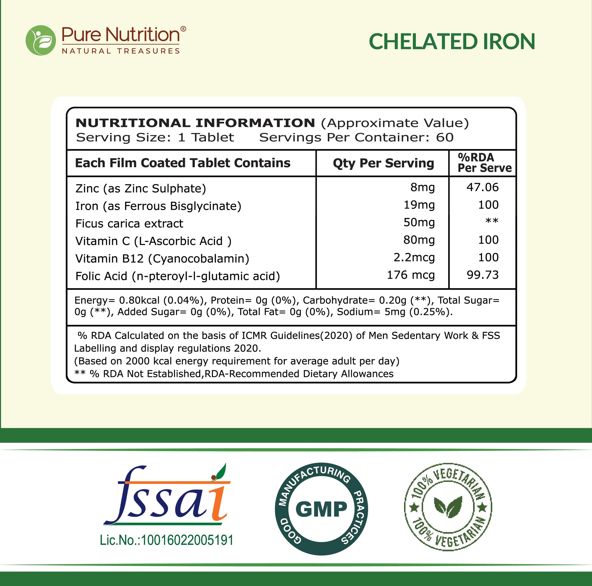 Back label of Pure Nutrition Chelated Iron showing detailed nutritional information, ingredients, directions for use, and product information.
