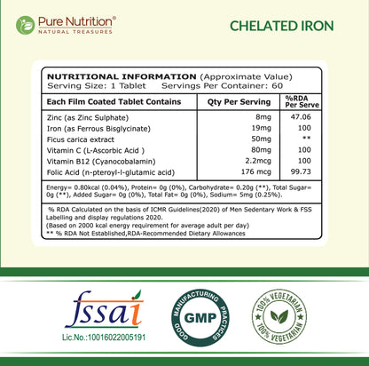 Back label of Pure Nutrition Chelated Iron showing detailed nutritional information, ingredients, directions for use, and product information.
