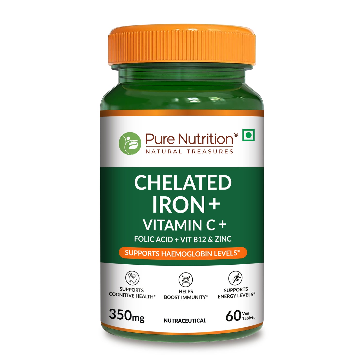 Front view of Pure Nutrition Chelated Iron with Vitamin C, Folic Acid, Vitamin B12, and Zinc, formulated to support healthy haemoglobin levels and daily nutritional needs.
